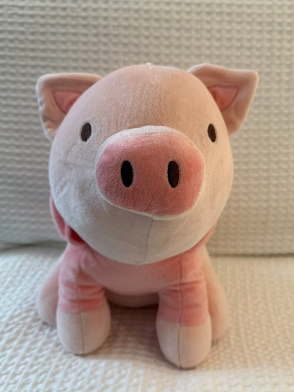 MINISO Sitting Piglet Plush with Pink Rabbit Hoodie – Like New Kawaii Toy